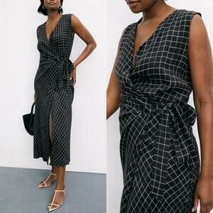 Vince Trellis Plaid Wrap Dress Sleeveless V-Neck Side Tie Midi Black & White XS